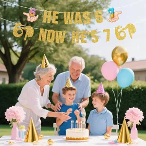 Banner di decorazione per festa di 7 compleanno per bambini con scritta divertente