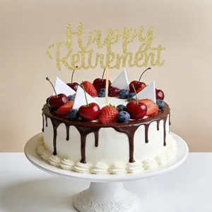 Gold glitter Happy Retirement cake topper for retirement party decoration and celebration.