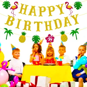 Banner per festa di compleanno hawaiana con lettere dorate glitterate e decoro tropicale.