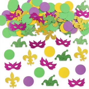 Mardi Gras carnival party confetti decorations featuring glitter masks, jester hats and dots.