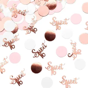 Coriandoli tondi oro rosa rosa bianco e ritagli di carta sweet 16 per decorazione festa compleanno.