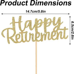 Gold glitter Happy Retirement cake topper for retirement party decoration and celebration.