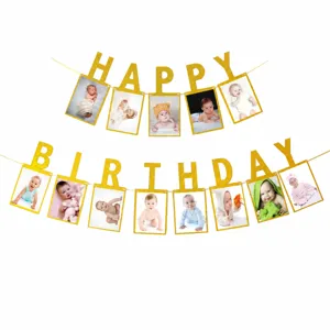Birthday photo banner monthly milestone garland gold glitter baby first birthday party decor