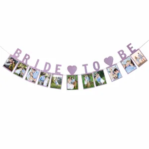 Bridal shower photo banner with glitter purple letters, perfect for wedding party decor.