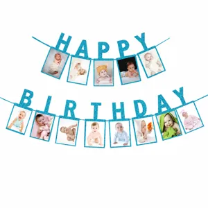 Blue glitter happy birthday photo banner party garland for baby first birthday decoration