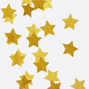Ghirlanda di carta con stelle glitterate dorate per feste di compleanno e Natale dettaglio