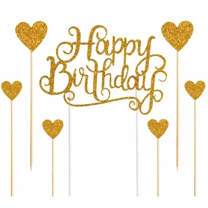 Juego de Decoración para Pasteles de Cumpleaños de Papel con Purpurina en Forma de Corazón Letras Happy Birthday para Fiesta de Cumpleaños