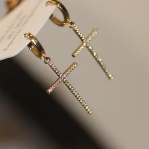 Gold Pave Cross Dangle Earrings Y2K Sparkling Cubic Zirconia Fashion Jewelry for Women