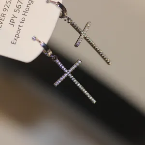 Sparkling rhinestone cross earrings for women, luxury Y2K style silver hanging long earrings.
