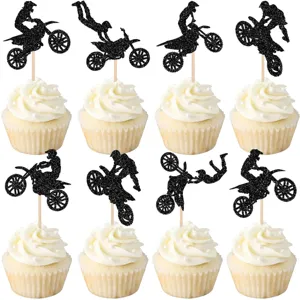 Pics à Cupcake Moto Cross Noir Pailleté Décorations de Gâteau d'Anniversaire Motocross Fournitures Silhouette