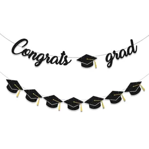 Bannière Lettres Congrats Grad Décoration Fête de Remise Diplômes Or Noir Paillettes Papier Guirlande Chapeau Universitaire Silhouette Décoration Suspendue