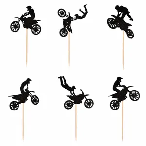 Lot de toppers de gâteau de motocross avec guide des tailles, silhouettes de moto.