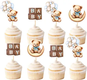 Ensemble de toppers de cupcake ours en peluche avec ballons bleus pour fête d'enfant.