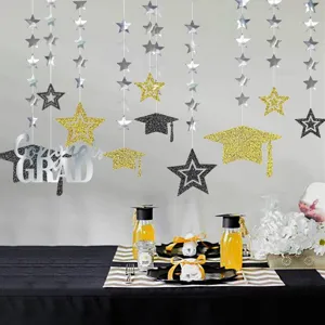 Abschlussfeier Hängend Dekoration Schwarz Gold Stern Grad Banner Party Zubehör Deko