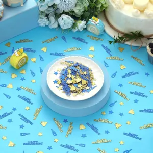 Sparkling blue and gold happy retirement party confetti table scatter decorations.