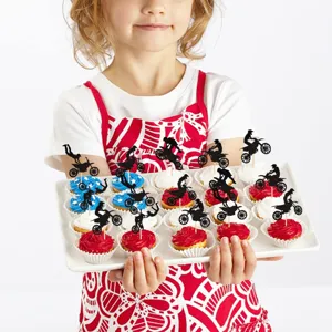 Toppers de cupcake moto à paillettes noires pour fête d'anniversaire à thème moto.