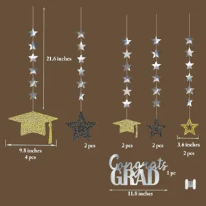 Abschluss-Party Hängedekorationen schwarz und gold Glitter Grad Banner Kappe Sterne