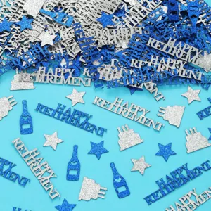 Blue and silver glitter retirement confetti detail shot, decorative party table scatter pieces.