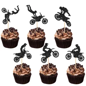 Toppers de gâteau motocross paillettes noires pics cupcake moto déco anniversaire 6pcs