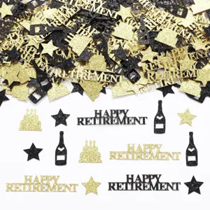 Happy Retirement confetti glitter gold black party decorations table scatter details.