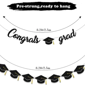 Banniere fete de graduation congrats grad noir or paillettes guirlande de lettres deco 2.5m