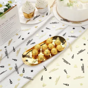 Happy retirement party confetti table scatter with gold tray and festive decorations detail.