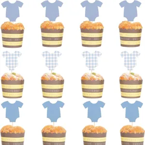 Lot de toppers et caissettes à cupcakes baby shower avec design de body bleu pour fête