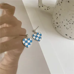 Blue white checkerboard heart earrings S925 silver needle cute aesthetic chic jewelry for women