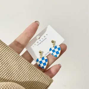 Blue and white checkered heart earrings with S925 silver needle, sweet and chic style detail.