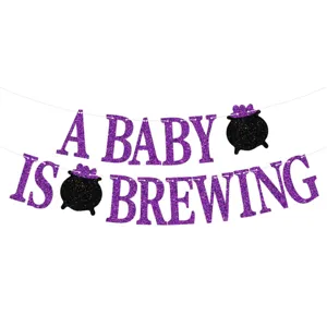 Halloween Baby Shower Banner Purple Glitter Cauldron Letter Pull Flag Festive Party Hanging Garland Wall Decoration Bunting