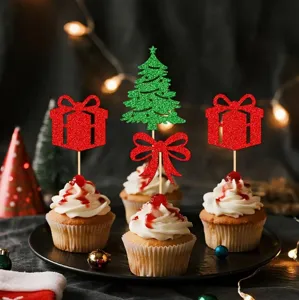 Christmas cake toppers glitter paper cupcake inserts party baking decoration tree and gift
