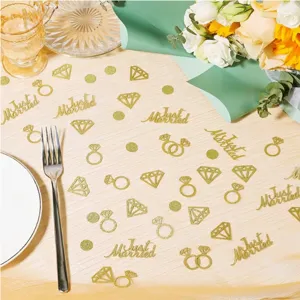 Gold glitter wedding table confetti scatter rings diamonds Just Married party decor