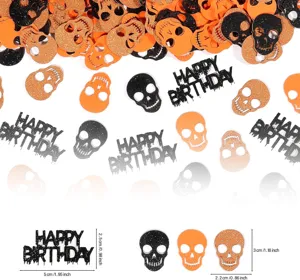 Halloween skull paper confetti, black and orange glitter party decorations, 100pcs.