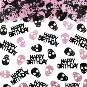 Glitter skull and happy birthday confetti for Halloween and birthday party decorations.