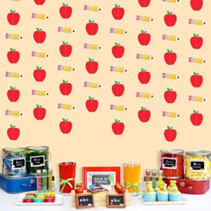Retour à l'école bannière de fête décoration pomme rouge et crayon jaune guirlande déco