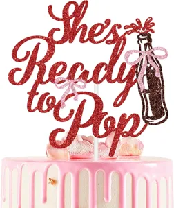 Glitter red She's Ready to Pop cake topper with soda bottle design for baby shower party.