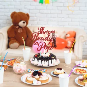 Baby shower cake topper glitter red ready to pop party decoration dessert cake insert sign