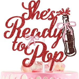 Glitter Paper Shes Ready To Pop Theme Cake Topper Cute Letter Design Red Bottle Design For Birthday Baby Shower Party Supplies