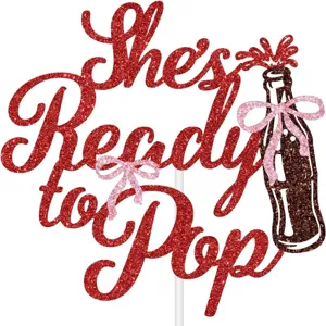 Red glitter She's Ready to Pop cake topper for baby shower and birthday party decor.