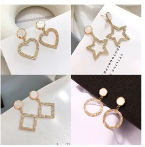 Elegante geometrische strass ohrringen met hart, ster, vierkant en ronde kristal ontwerpen.
