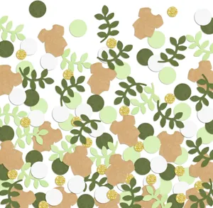 Baby shower party confetti decoration set, green and kraft paper bodysuit leaf circles decor.