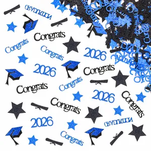 Graduation party confetti scatter table decorations with glitter caps and 2026 numbers.