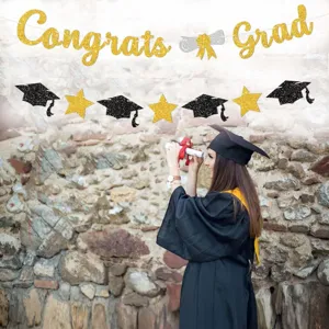 Bannière de graduation décoration de fête avec Congrats Grad, noir et or paillettes chapeaux