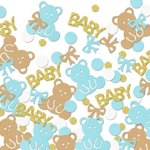 Gold glitter baby confetti table scatter with blue and brown bear paper cutouts for parties.
