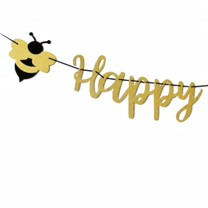 Banner Festa Compleanno Ape Glitter Oro Ghirlanda Lettera Happy Bimbo Decorazione