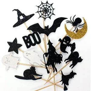 Halloween Glitter Paper Cake Topper Witch Bat Ghost Pumpkin Silhouette Sweet Table Decoration Cupcake Topper For Halloween Party Birthday Dessert Board Ornaments
