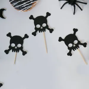 Halloween zwarte glitter doodskop cupcake toppers griezelige feest dessert decoratie