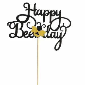 Topper per torta Happy Bee Day nero glitterato con ape carina e bastoncino di legno per compleanni