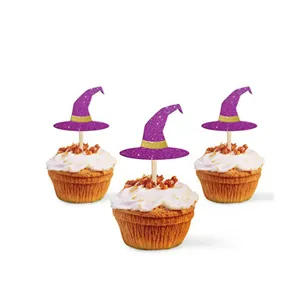 Halloween glitterende paarse heksenhoed cupcake toppers voor feestelijk dessert set
