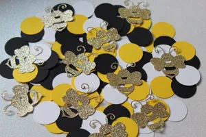 Coriandoli di carta ad ape dorata glitterata per decorazione tavola festa compleanno.
